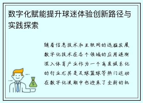 数字化赋能提升球迷体验创新路径与实践探索