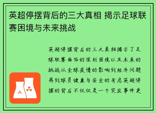 英超停摆背后的三大真相 揭示足球联赛困境与未来挑战 英超停摆背后的三大真相 揭示足球联赛困境与未来挑战